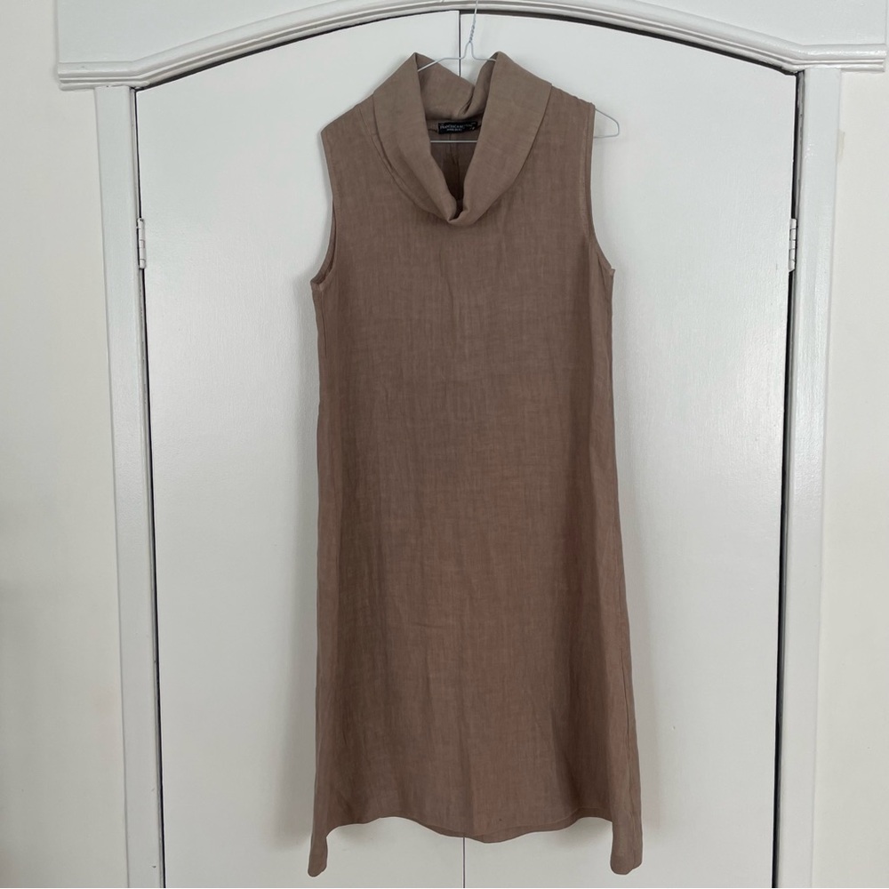 Francesca Bettini Sleeveless A-Line Linen Dress Cowel Neck sand in colour small